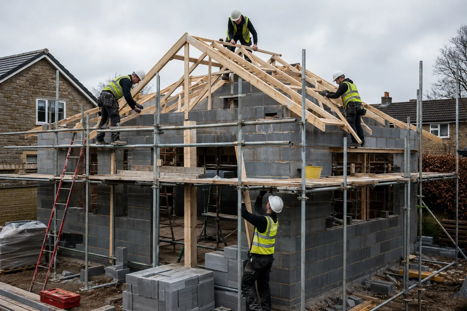 Tradespeople working on the timber roof structure of a UK house