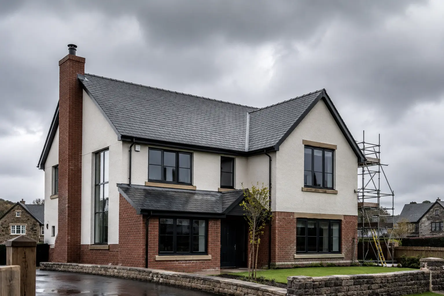 Contemporary UK home with a completed dark slate roof